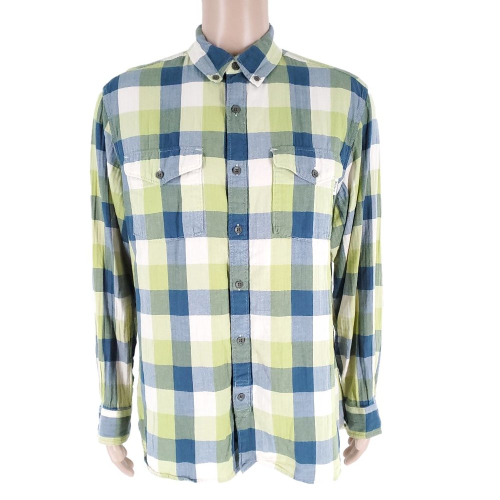 Woolrich Men Button Shirt Check 100% Organic Cotton Pockets Blue Green Size L